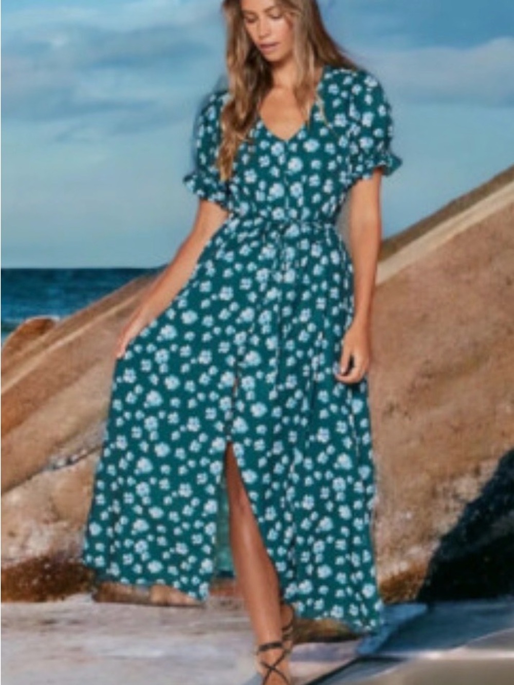 NWT Outerknown Kira Dress SZ Small Floral Midi Puff Sleeve Tie Wa